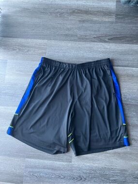 Avia Black Athletic Shorts with Blue Panels and Neon Accents